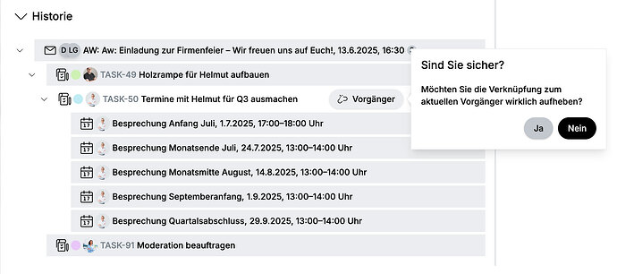 Sicherheitsabfrage vor endgültigem Aufheben der Vorgängerverknpüfung.