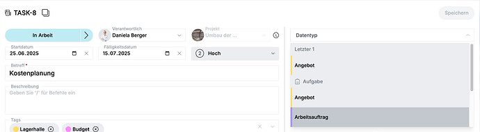 Screenshot einer Aufgabe, bei der das Feld „Datentyp“ angeklickt ist und somit die ersten paar verfügbaren Datentypen in der Liste darunter sichtbar sind.