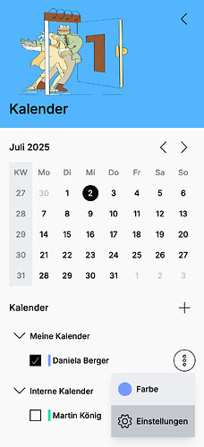 Aufgeklapptes Dreipunkte-Menü neben dem eigenen Kalendernamen. Die Option „Einstellungen“ ist markiert.