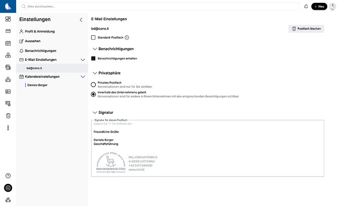 Screenshot der E-Maileinstellungen. Im Abschnitt „Privatsphäre“ sind die beiden Optionen „Privates Postfach“ und „Innerhalb des Unternehmens geteilt“ sichtbar.