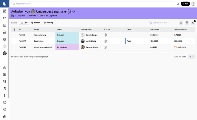 Screenshot einer Projektaufgabenliste in der Listenansicht.