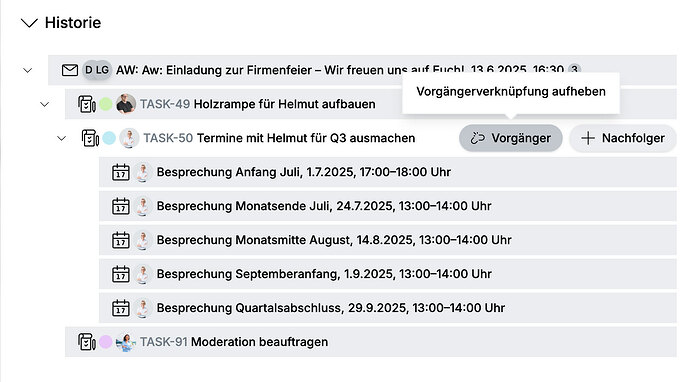 Historie mit fokussiertem Button zum aufheben der Vorgängerverknüpfung.