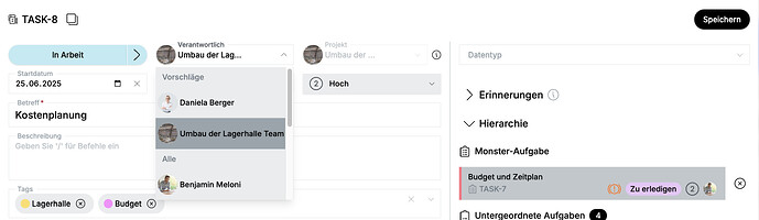 Screenshot einer Aufgabe, bei der das „Verantwortlich“-Feld angeklickt und das Projektteam ausgewählt ist.