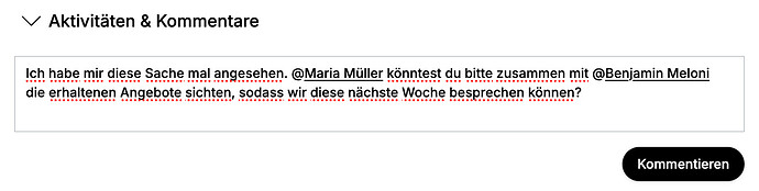 Kommentarfeld im Editiermodus. Benjamin Meloni wurde durch die Eingabe von @Benjamin Meloni über eine Benachrichtigung kontaktiert.