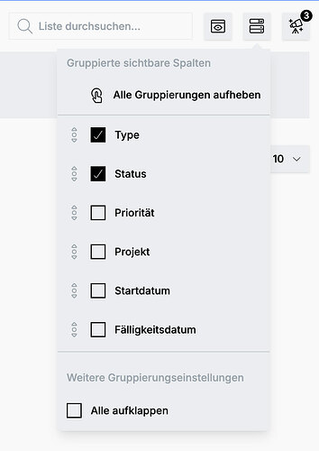 Screenshot des ausgeklappten Flyouts unter dem Gruppierungsbutton. Das Flyout zeigt, dass es bereits Gruppierungen nach 2 Spalten gibt. Am oberen und unteren Ende des Flyouts sind die Listenelemente "Alle Gruppierungen aufheben" sowie "Alle aufklappen" sichtbar.