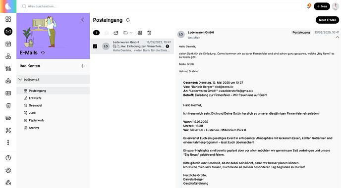 E-Mail-Posteingang mit Vorschau einer Konversation.