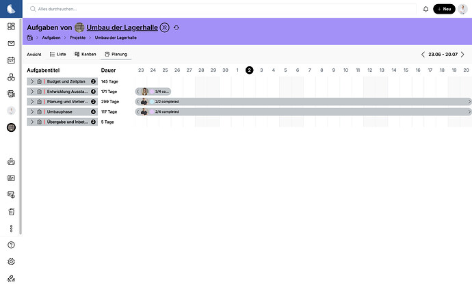 Screenshot einer Projektaufgabenliste in der Planungsansicht.