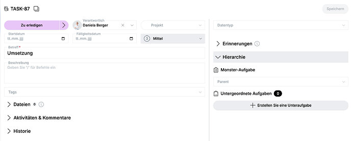 Detailansicht einer Aufgabe mit Bereich „Hierarchie“ rechts unten.