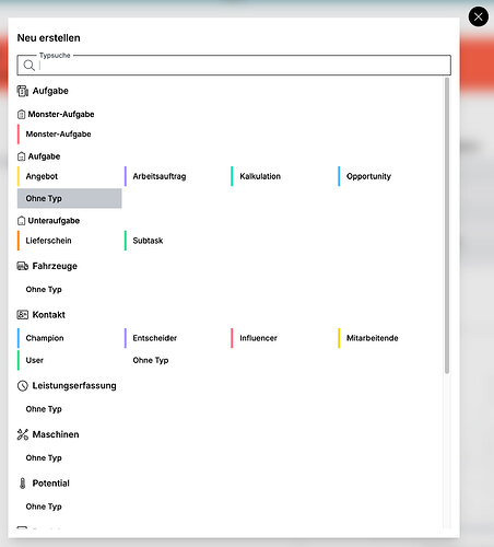 Beispiel verfügbarer Aufgabentypen beim Neuerstellen eines Dateneintrags.