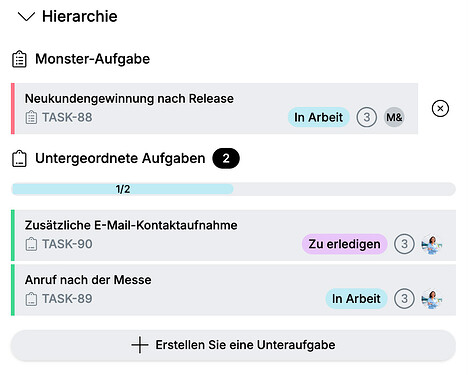 Hierarchie-Abschnitt einer Aufgabe mit einer Monster-Aufgabe und zwei untergeordneten Aufgaben.