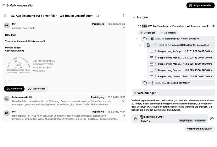 Detailansicht einer E-Mail mit Bereich „Verbindungen“ rechts unten