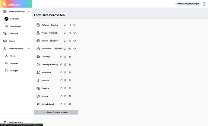 Formularübersicht mit Button „+ Neues Fomular erstellen“ links unten.