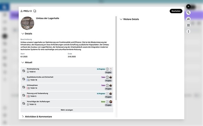 Screenshot einer Projektdetailansicht.
